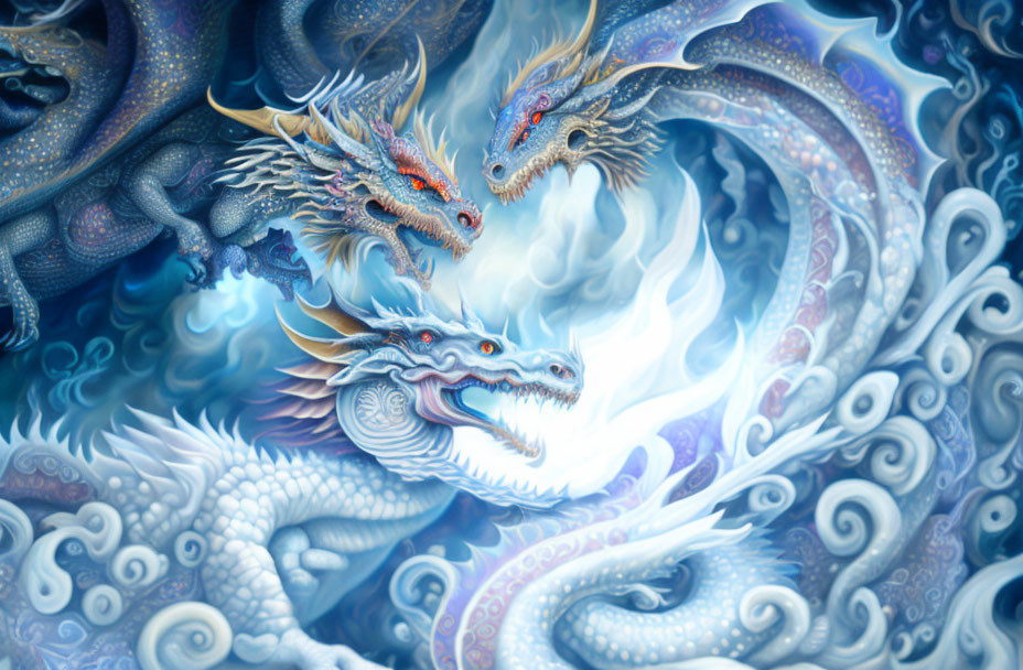 Two Blue Dragons with Swirling Mist and Abstract Wave Patterns