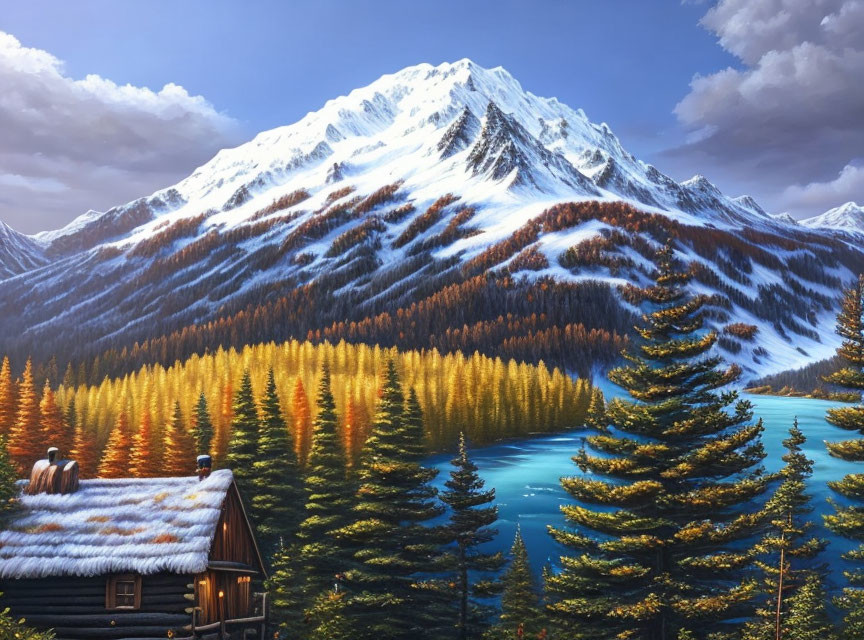 Snowy mountain backdrop, cabin by turquoise lake, dense autumnal forests