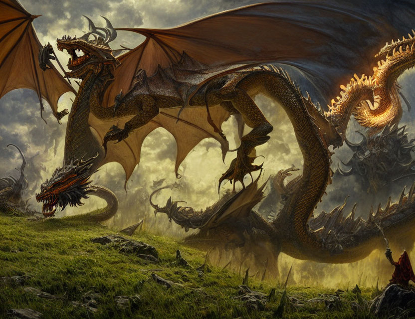 Majestic multi-headed dragon with expansive wings on rocky terrain