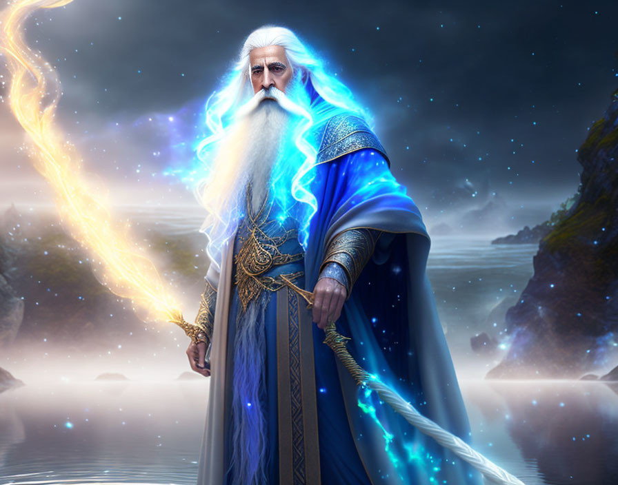 Wizard with glowing staff in starry night sky & misty waters