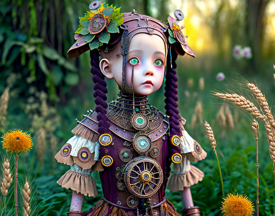 Steampunk-style doll with green eyes in tall grasses