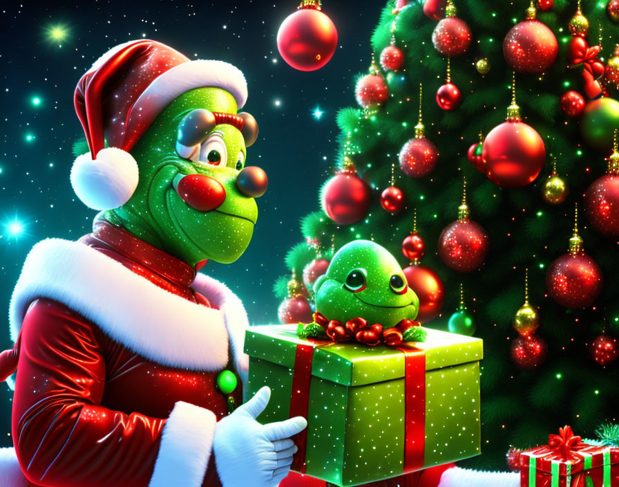 Vibrant festive illustration with green Santa character and matching creature by Christmas tree