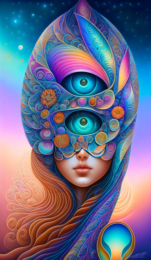 Colorful Psychedelic Artwork: Woman with Three Eyes in Cosmic Setting