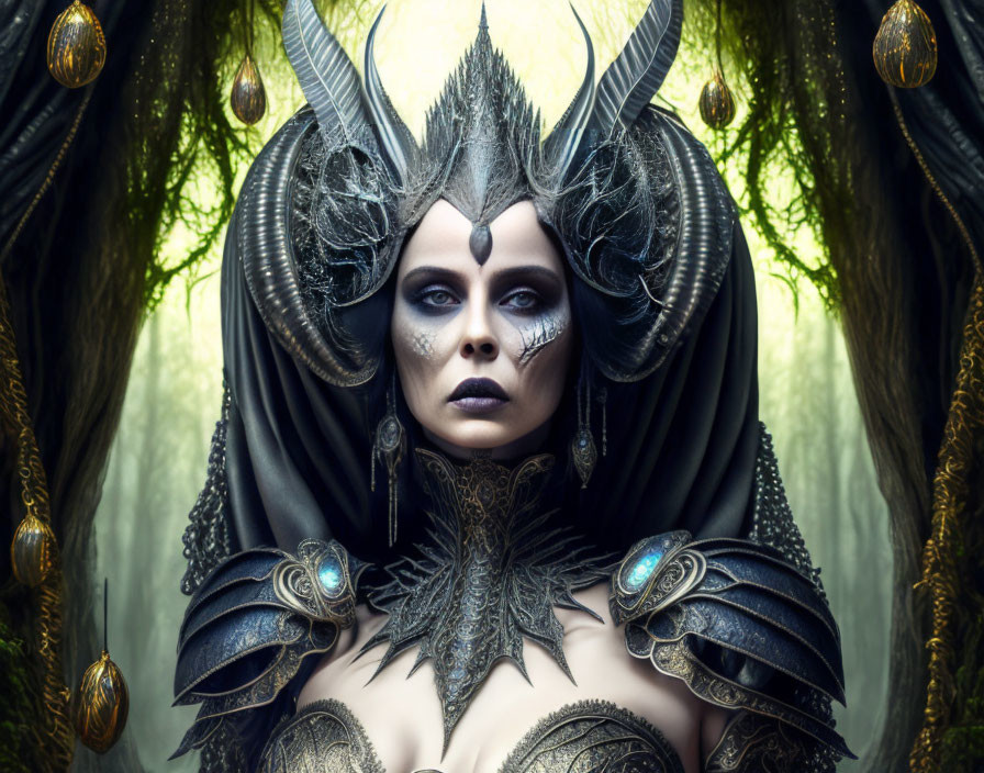 Elaborate Dark Fantasy Costume Woman in Mystical Forest Setting