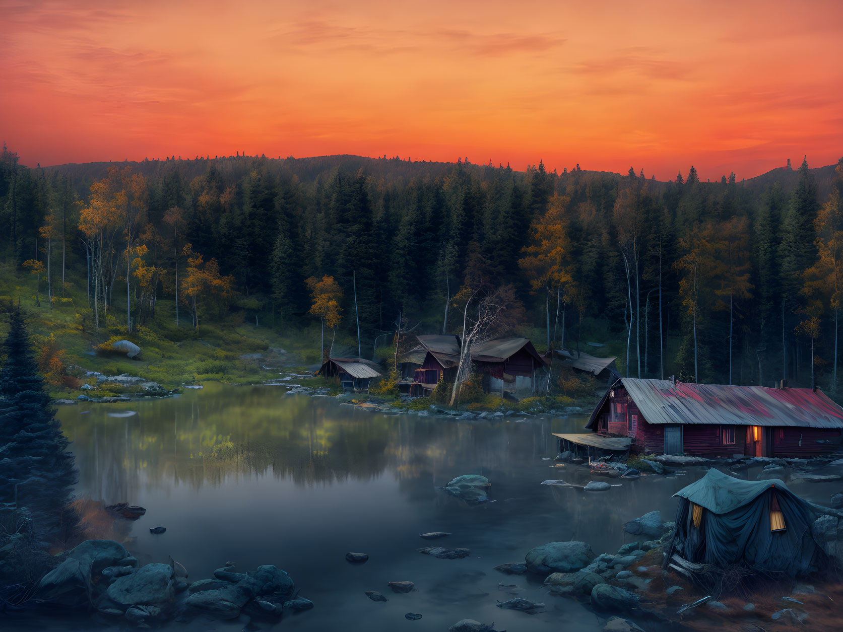 Tranquil Twilight Scene: Rustic Cabins, Calm Lake, Forests, Orange Sky