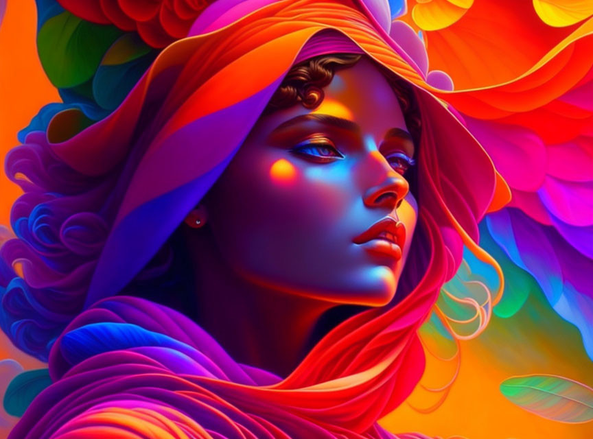 Colorful digital artwork of woman with headscarf and flowing hair on warm backdrop