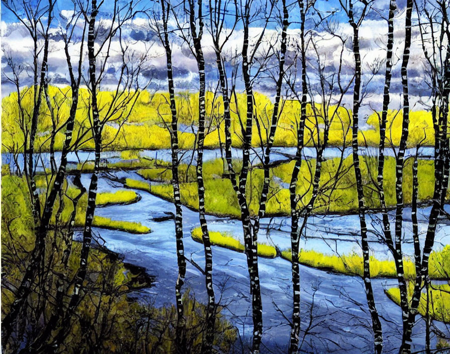 Vibrant landscape: river, forest, yellow foliage, cloudy sky