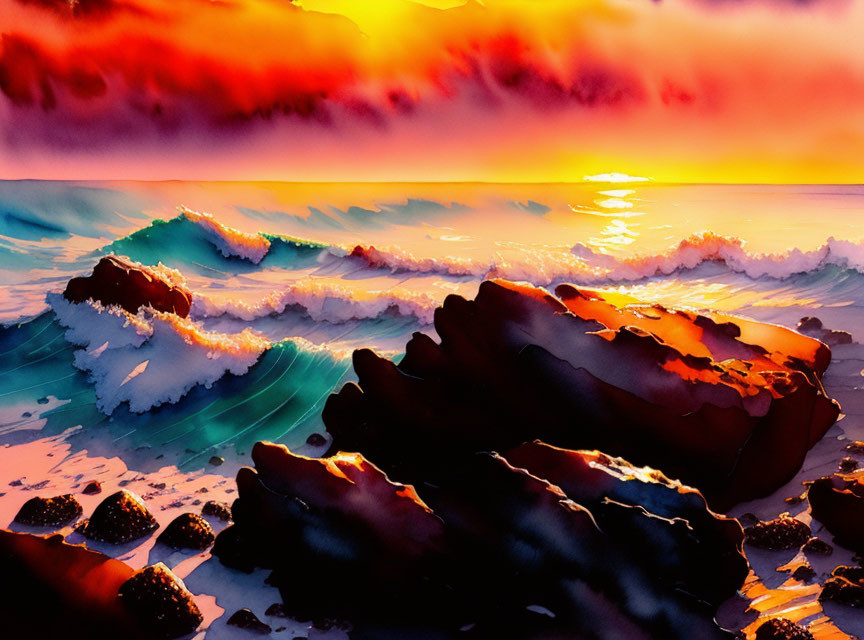 Fiery sunset seascape with crashing waves and rocky shores