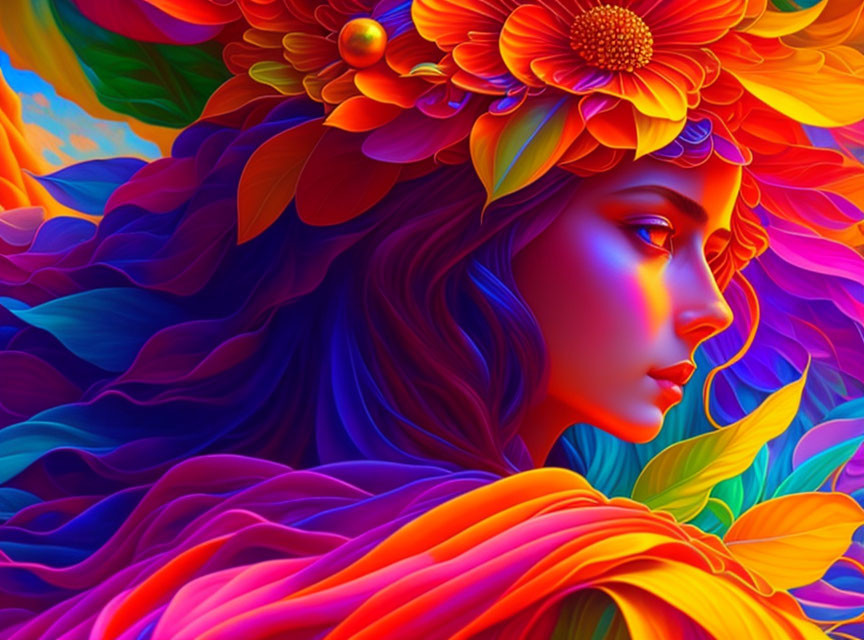 Colorful artwork of a woman with flowing hair and flowers on a vibrant background