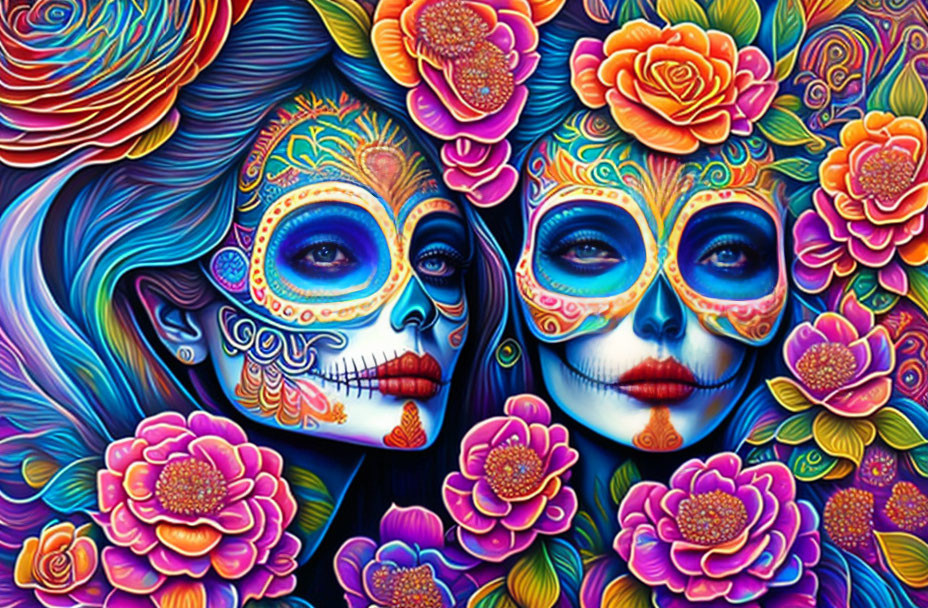 Colorful Day of the Dead sugar skull makeup on two faces with floral patterns