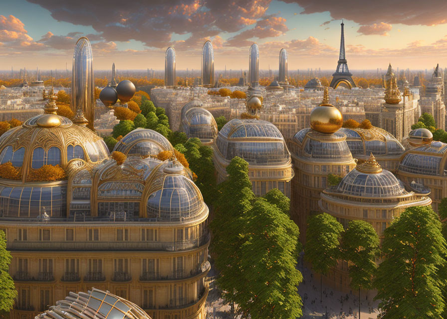 Golden-domed futuristic Paris with multiple Eiffel Towers and lush greenery under clear sky.