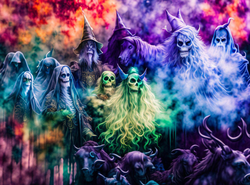 Colorful Halloween-themed artwork: Sinister cloaked figures with skull faces in mist.