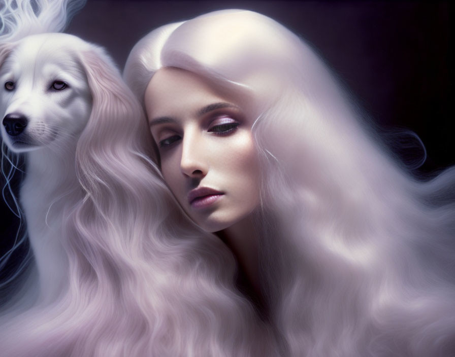 Woman with White Hair and Dog Staring Sideways