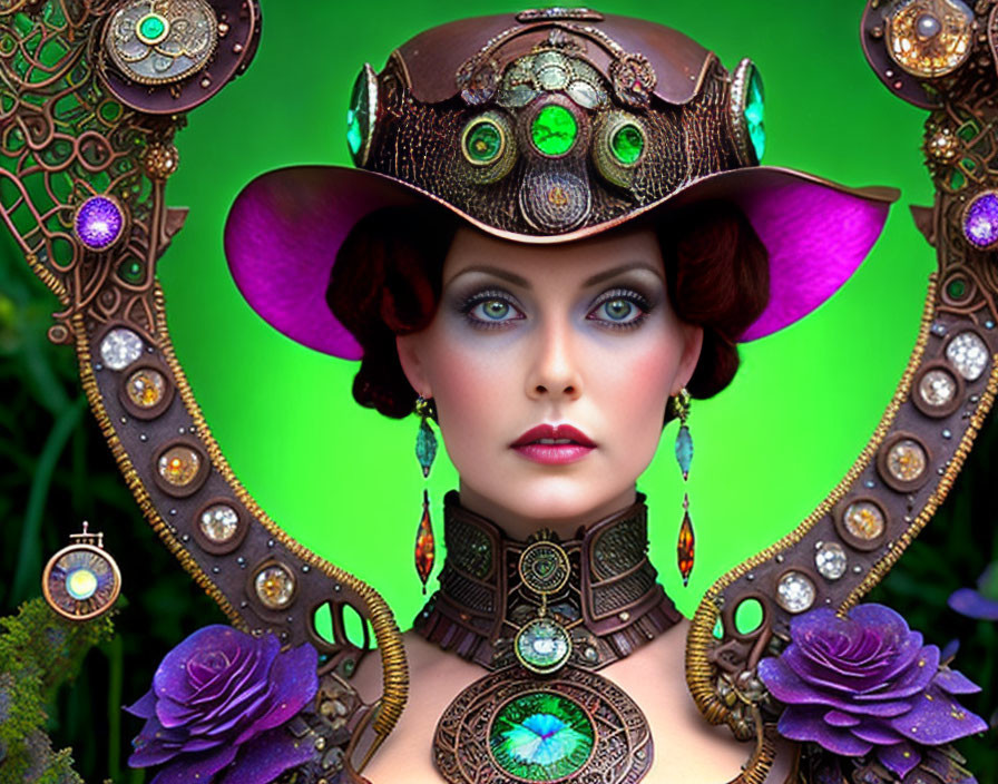 Fantasy-themed portrait of woman with blue eyes in steampunk headdress