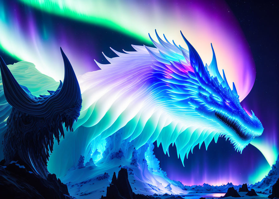 Iridescent dragon under vibrant aurora in snowy mountain landscape