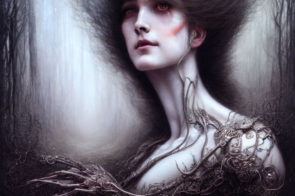 Gothic fantasy portrait of a woman in metallic armor with mystical forest backdrop