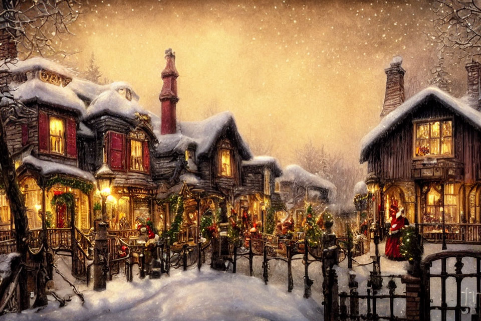 Snowy Christmas Street Scene with Festive Decorations and Santa Figure