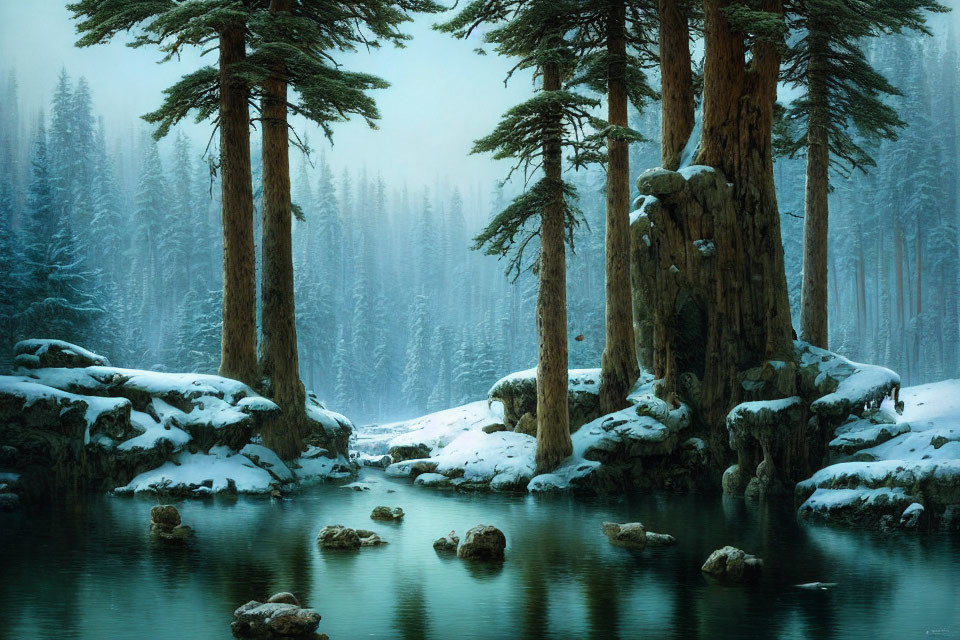 Snow-covered trees and icy river in serene winter landscape