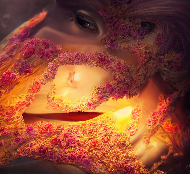 Digital artwork: Woman's face with fiery flowers morphing into surreal mask