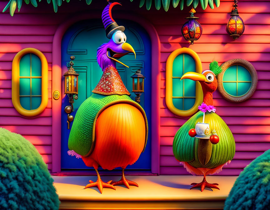 Vibrant animated birds in front of whimsical house