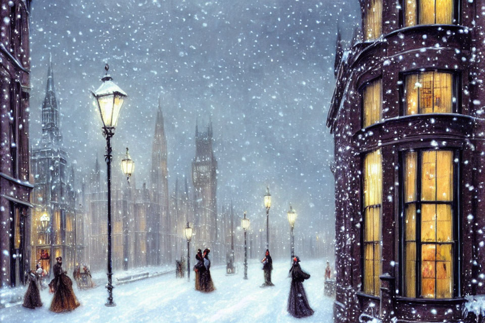 Victorian-themed snowy evening street scene with people and lit lampposts