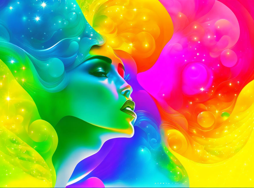 Colorful digital art: woman's profile merging with neon abstract swirls