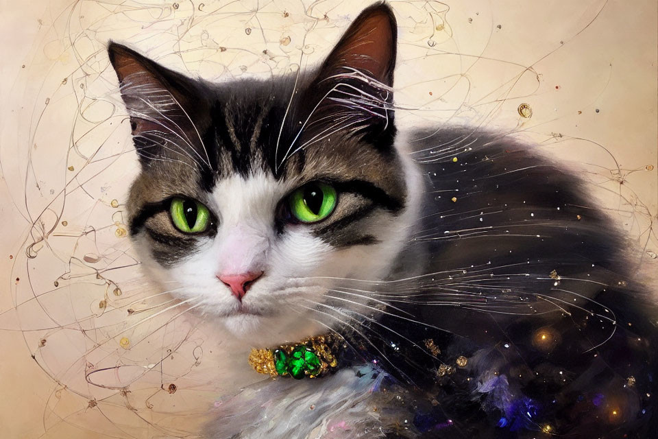 Whimsical cat with green eyes and bow on glowing background