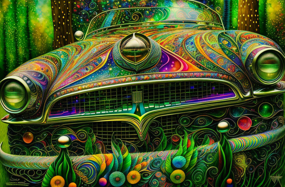 Colorful Psychedelic Classic Car Illustration with Fantastical Elements