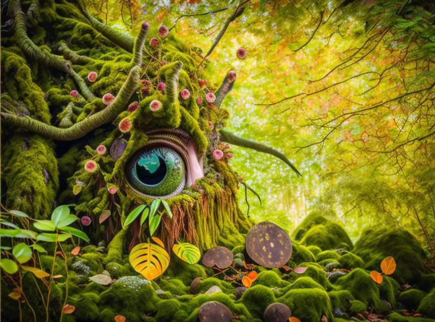 Forest scene with whimsical tree trunk face and blue eye