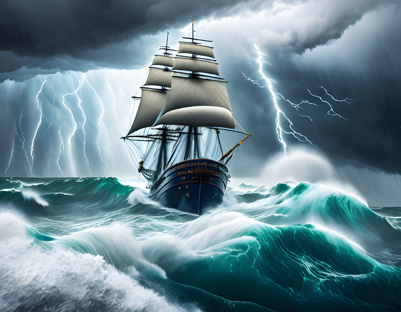 Sailing ship in stormy seas with lightning streaks