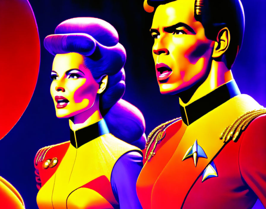 Vibrant retro-futuristic space couple in colorful uniforms with emblem on red circle background