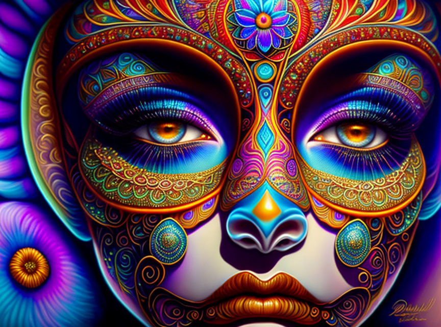 Colorful Stylized Face Artwork with Hypnotic Eyes on Dark Background