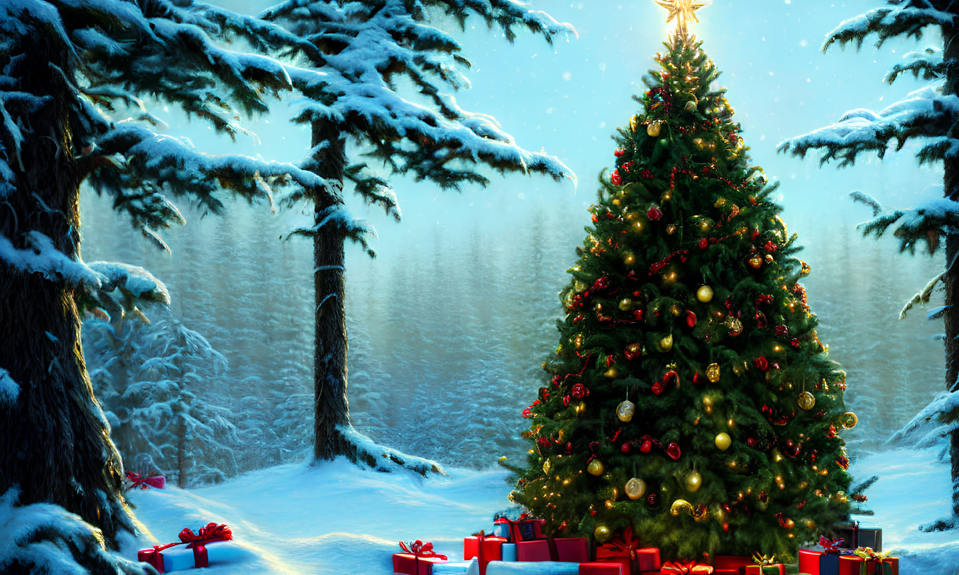 Snow-covered Christmas scene with decorated tree and gifts in pine forest at twilight