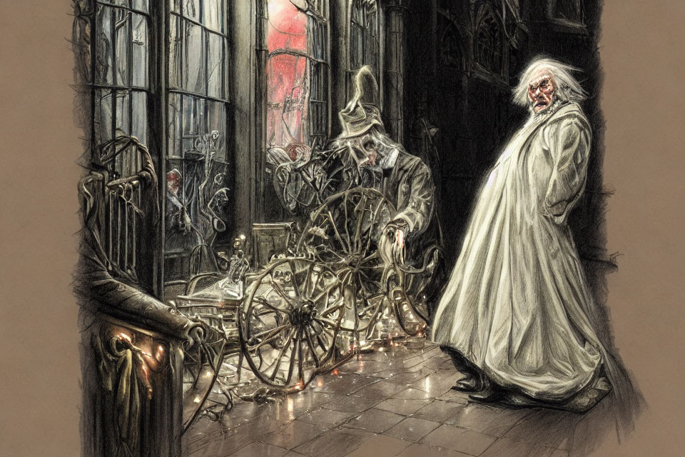 Illustration of two characters in dimly lit, gothic-style room spinning yarn.