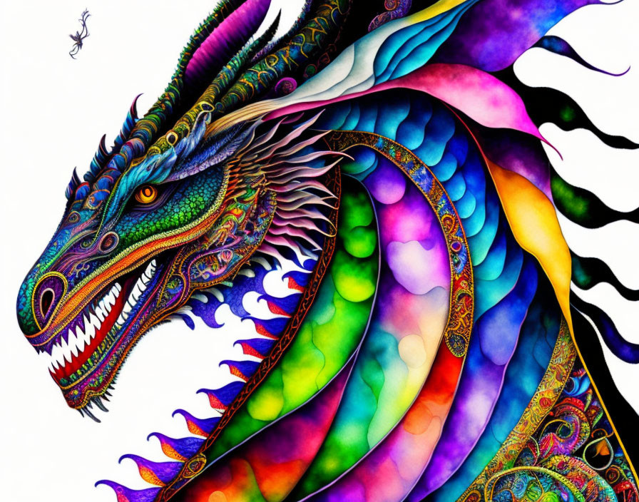 Colorful Dragon Illustration with Rainbow Scales and Intricate Patterns