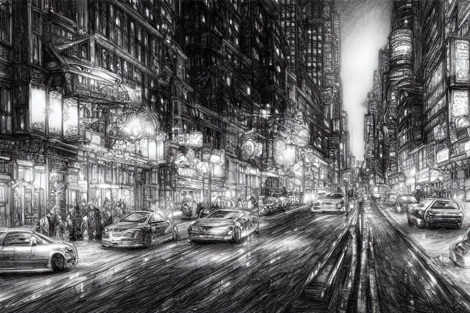 Monochrome city street scene at night with cars and pedestrians