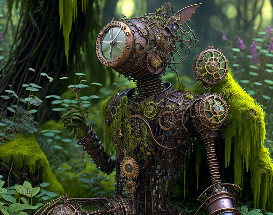 Steampunk-style robot in moss-covered forest