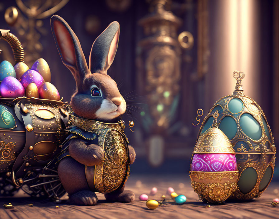 Whimsical Easter scene with animated rabbit and colorful eggs