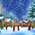 Snow-covered streets with festive decorations and red-cloaked figures.