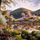 Tranquil landscape painting of colorful meadow and cottages by reflective pond