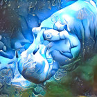 Whimsical digital artwork of stylized hippos in cosmic setting