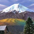 Snowy mountain backdrop, cabin by turquoise lake, dense autumnal forests