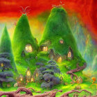 Vibrant Fantasy Landscape with Tree Houses and Whimsical Creatures