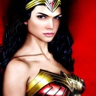 Dark-haired woman in Wonder Woman armor on red background