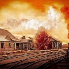 Cowboy-hat woman near wooden cabins in sepia-toned western scene