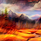 Fantastical Landscape with Lava Rivers and Nebulae Sky