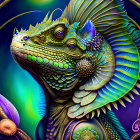 Detailed colorful iguana with frill on vivid floral background