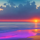 Vibrant beach sunset with purple and orange hues reflecting on water