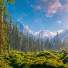 Scenic landscape with lush greenery, river, bridge, hills, and mountains