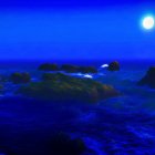 Tranquil night landscape: Blue mountains, starry sky, full moon, reflective river